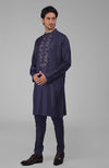 Ink Blue Silk Kurta With Floral Embroidered Placket Detail