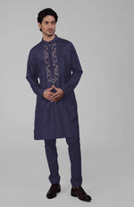 Ink Blue Silk Kurta With Floral Embroidered Placket Detail