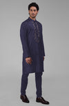 Ink Blue Silk Kurta With Floral Embroidered Placket Detail