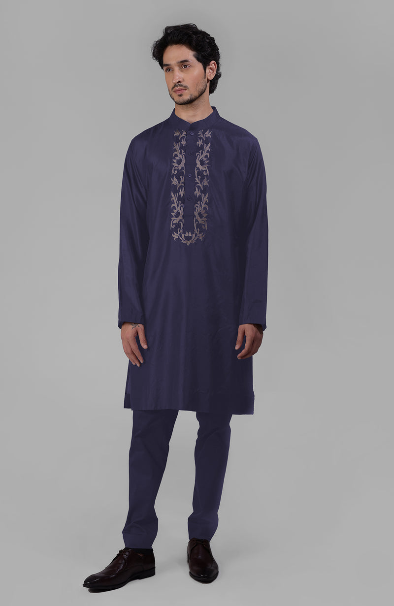 Ink Blue Silk Kurta With Floral Embroidered Placket Detail