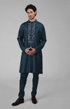 Ink Blue Silk Kurta With Floral Embroidered Placket Detail