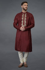 Burgundy Silk Kurta With Gold Tilla Embroidery