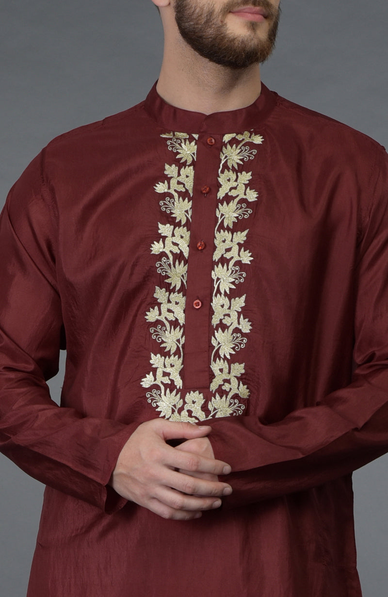 Burgundy Silk Kurta With Gold Tilla Embroidery