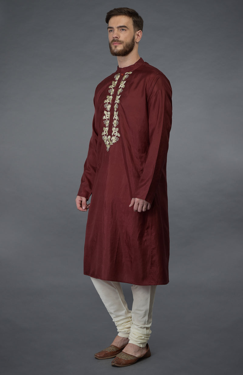 Burgundy Silk Kurta With Gold Tilla Embroidery