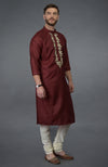 Burgundy Silk Kurta With Gold Tilla Embroidery