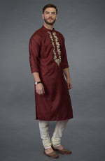 Burgundy Silk Kurta With Gold Tilla Embroidery