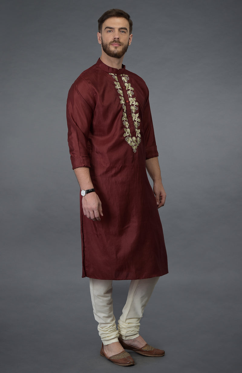 Burgundy Silk Kurta With Gold Tilla Embroidery