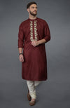 Burgundy Silk Kurta With Gold Tilla Embroidery