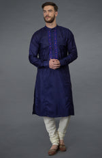 Ink Blue Silk Kurta With Embroidered Placket Detail