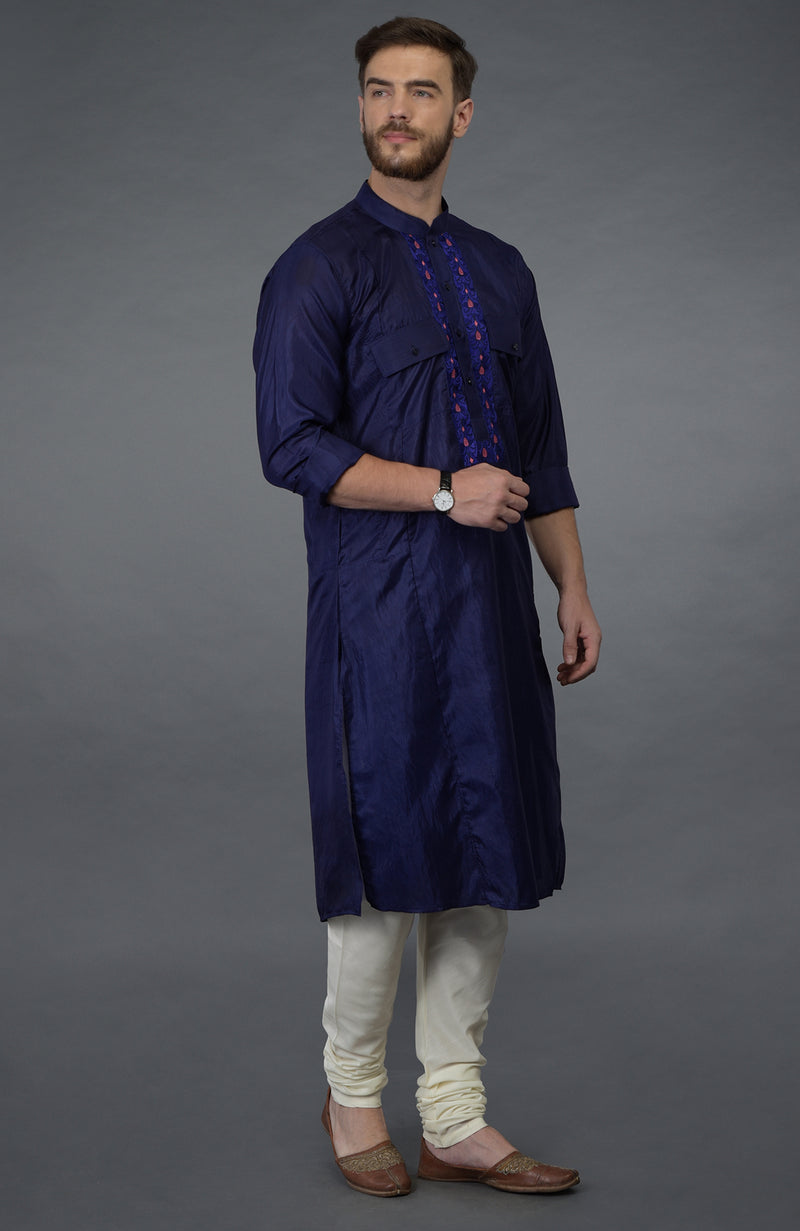 Ink Blue Silk Kurta With Embroidered Placket Detail