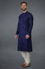 Ink Blue Silk Kurta With Embroidered Placket Detail