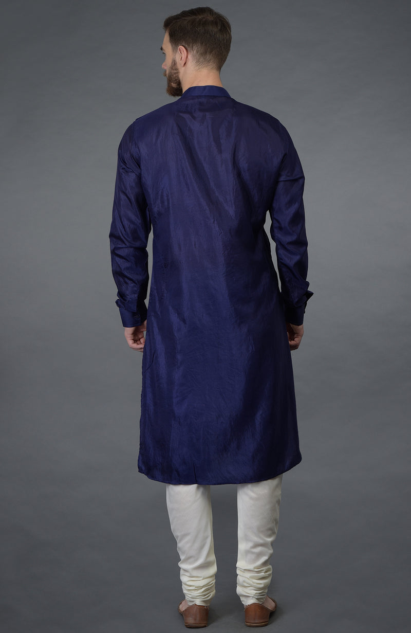 Ink Blue Silk Kurta With Embroidered Placket Detail