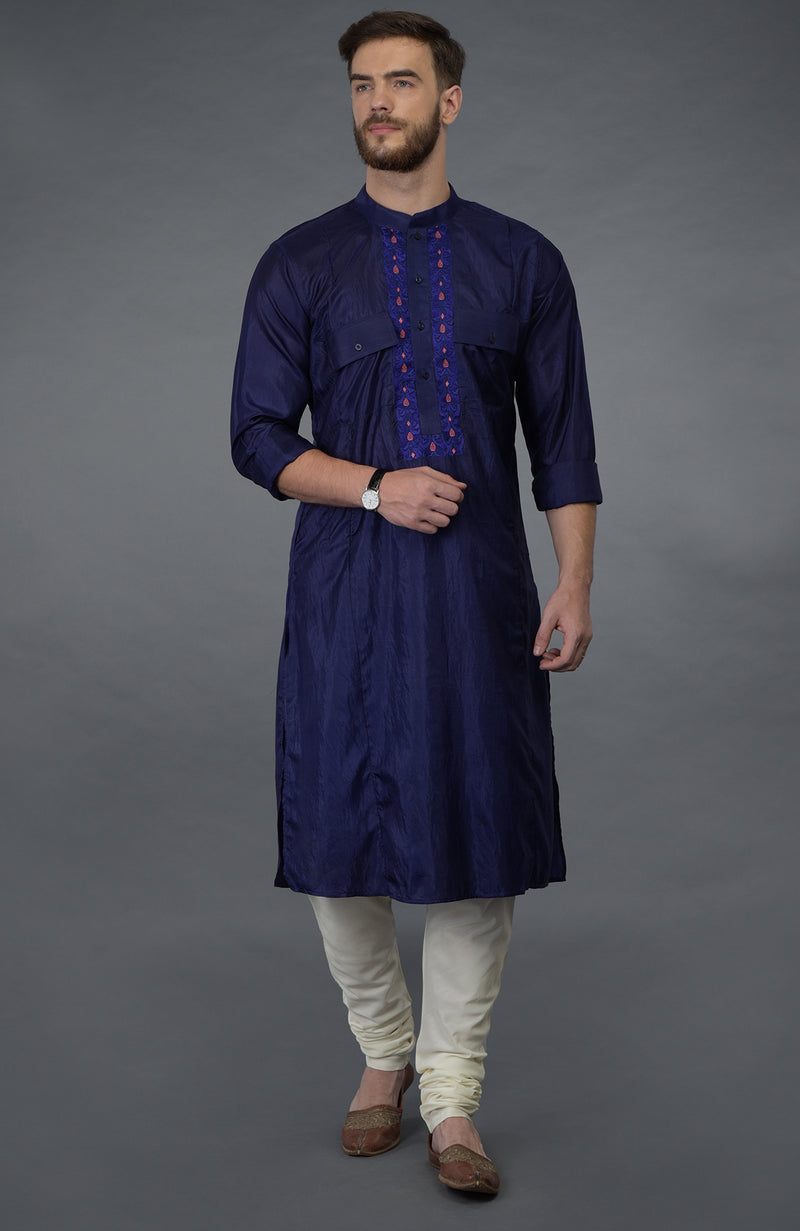 Ink Blue Silk Kurta With Embroidered Placket Detail