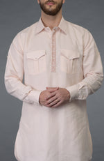 Baby Pink Embroidered Linen Kurta Set