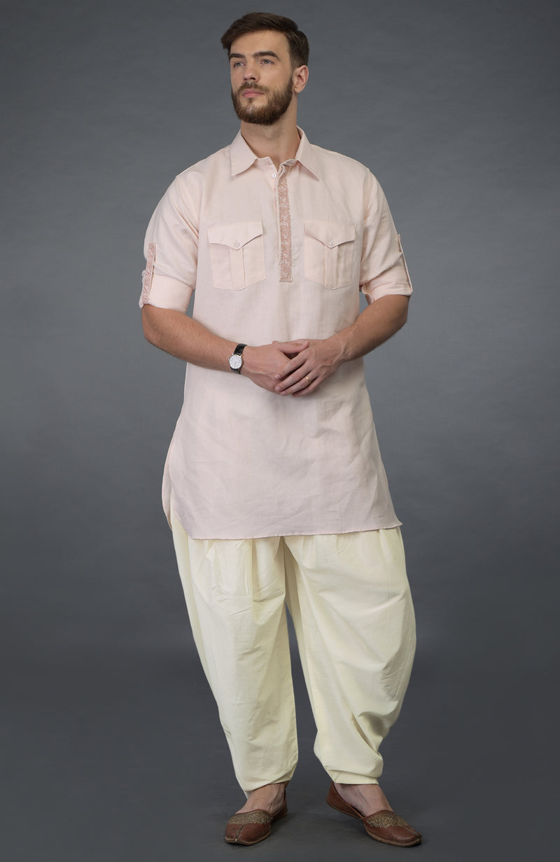 Baby Pink Embroidered Linen Kurta Set