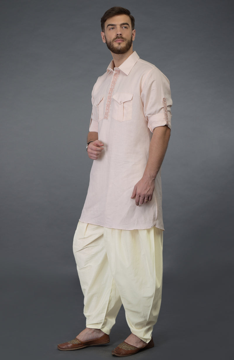 Baby Pink Embroidered Linen Kurta Set