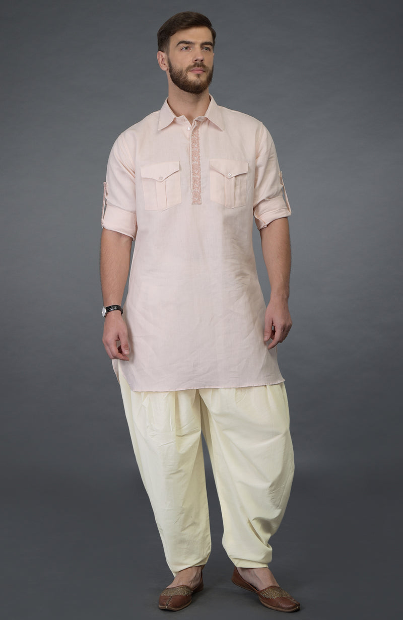 Baby Pink Embroidered Linen Kurta Set