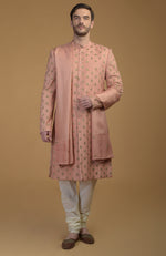 Gold Pintuck Zardozi Embroidered Sherwani Set with Dupatta