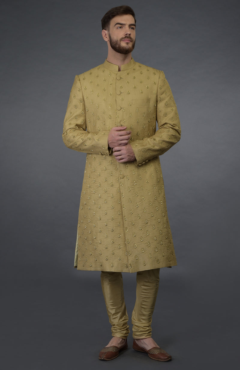 Gold Pintuck Zardozi Embroidered Sherwani Set with Dupatta