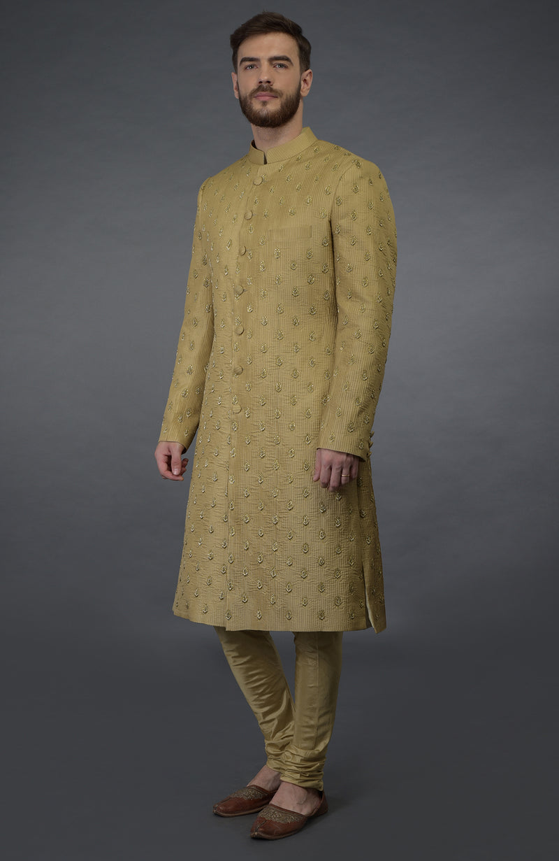 Gold Pintuck Zardozi Embroidered Sherwani Set with Dupatta