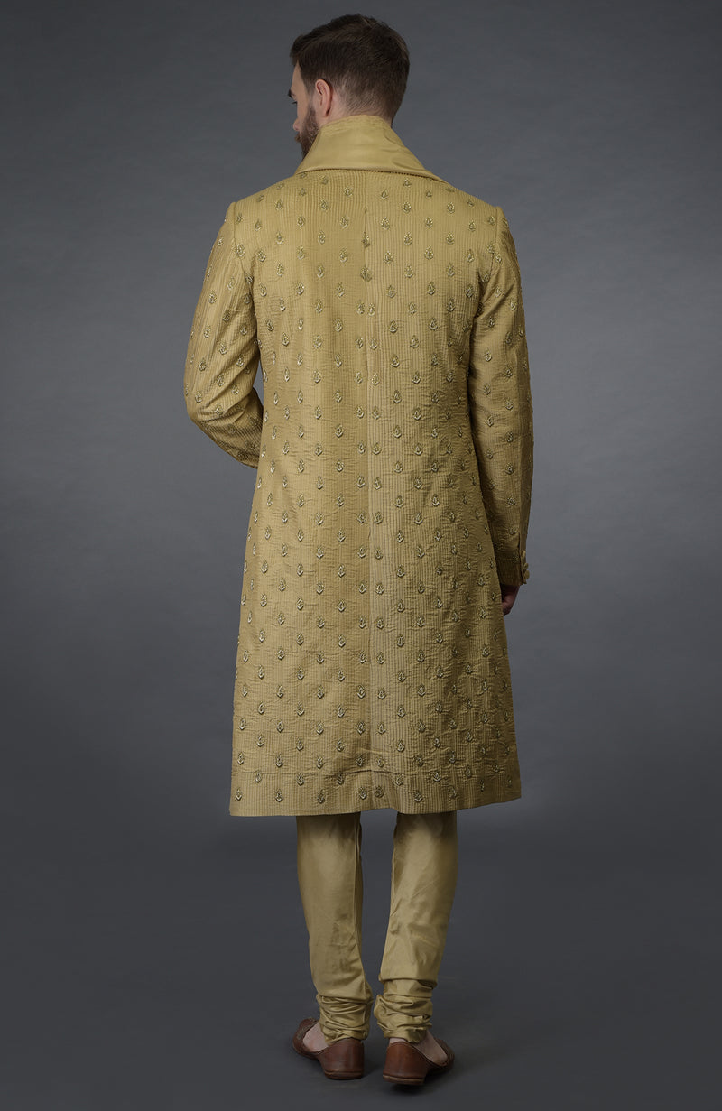 Gold Pintuck Zardozi Embroidered Sherwani Set with Dupatta