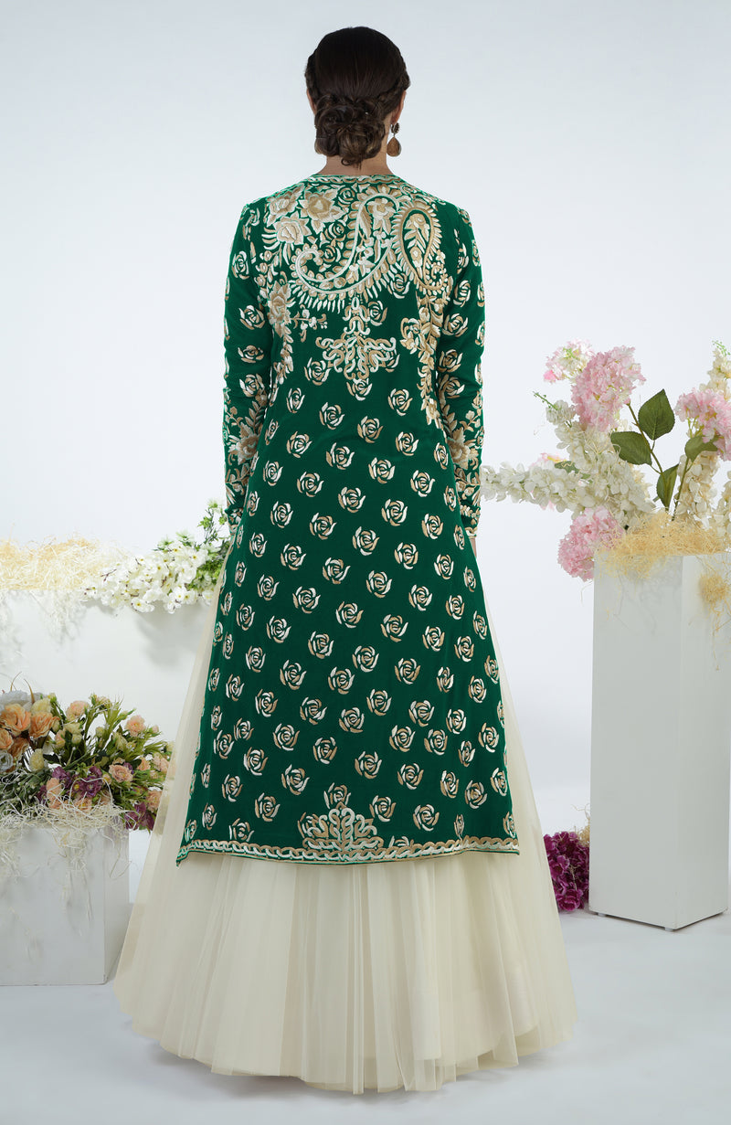 Emerald Green Floral Parsi Gara Embroidered Jacket Set