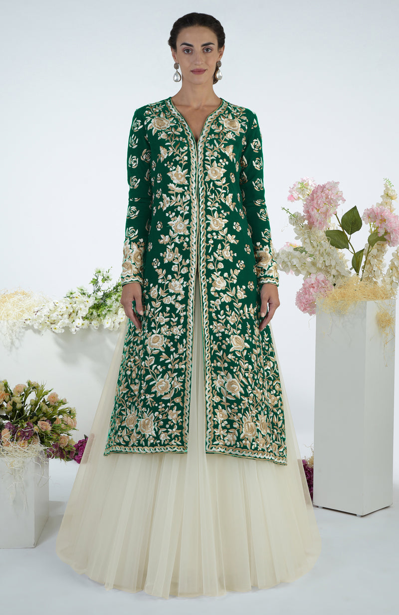 Emerald Green Floral Parsi Gara Embroidered Jacket Set