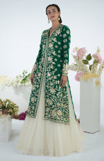 Emerald Green Floral Parsi Gara Embroidered Jacket Set