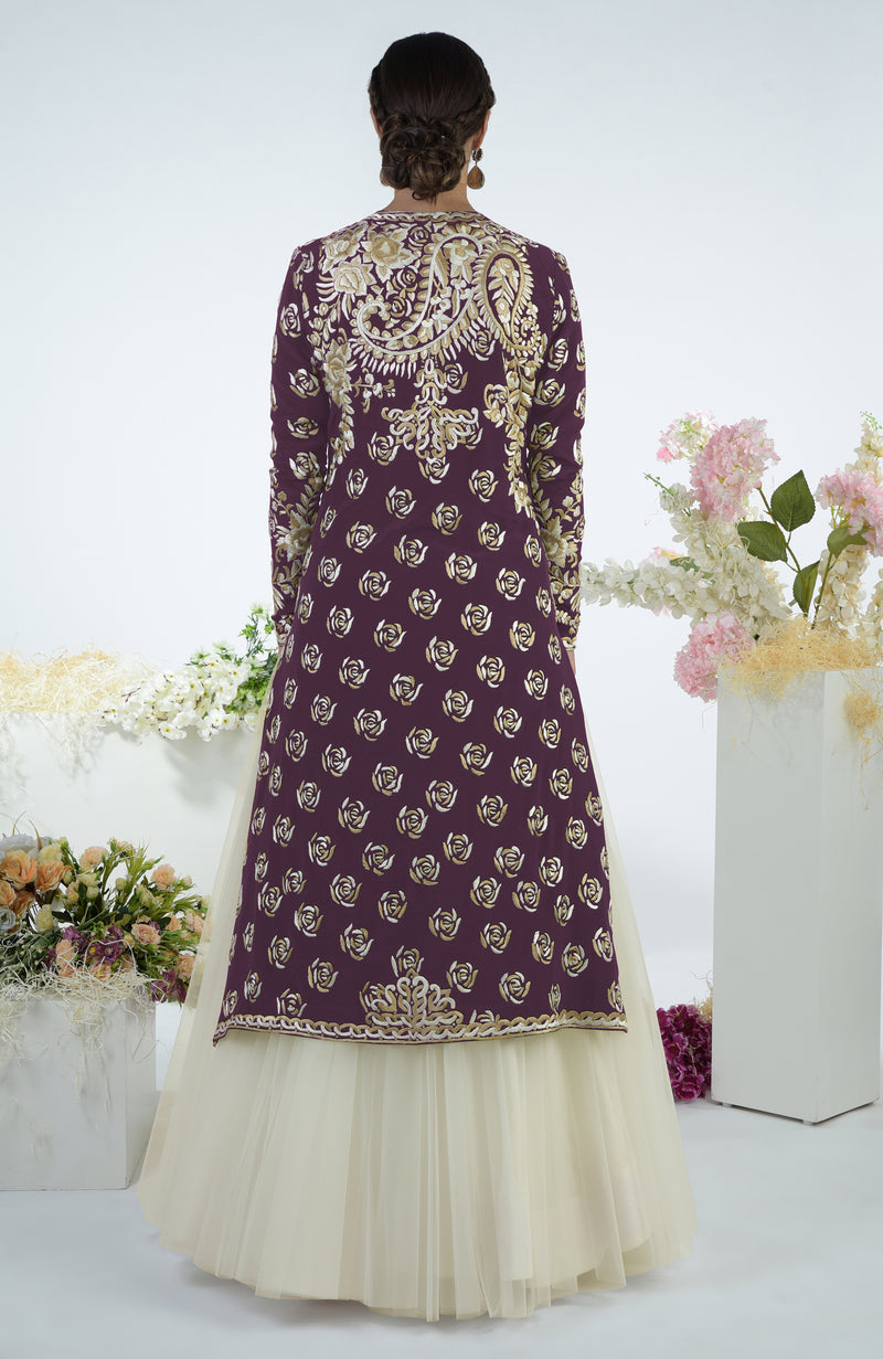 Plum Floral Parsi Gara Embroidered Jacket Set