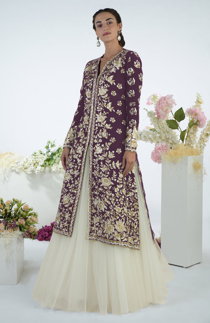 Plum Floral Parsi Gara Embroidered Jacket Set