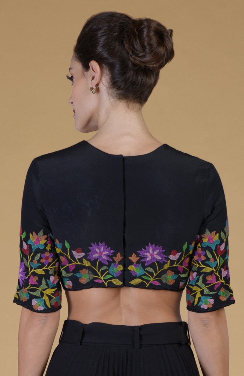 Black Kani Art Embroidered  Jewel Neck Blouse