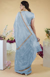 Dusty Blue Hand Embroidered Linen Saree