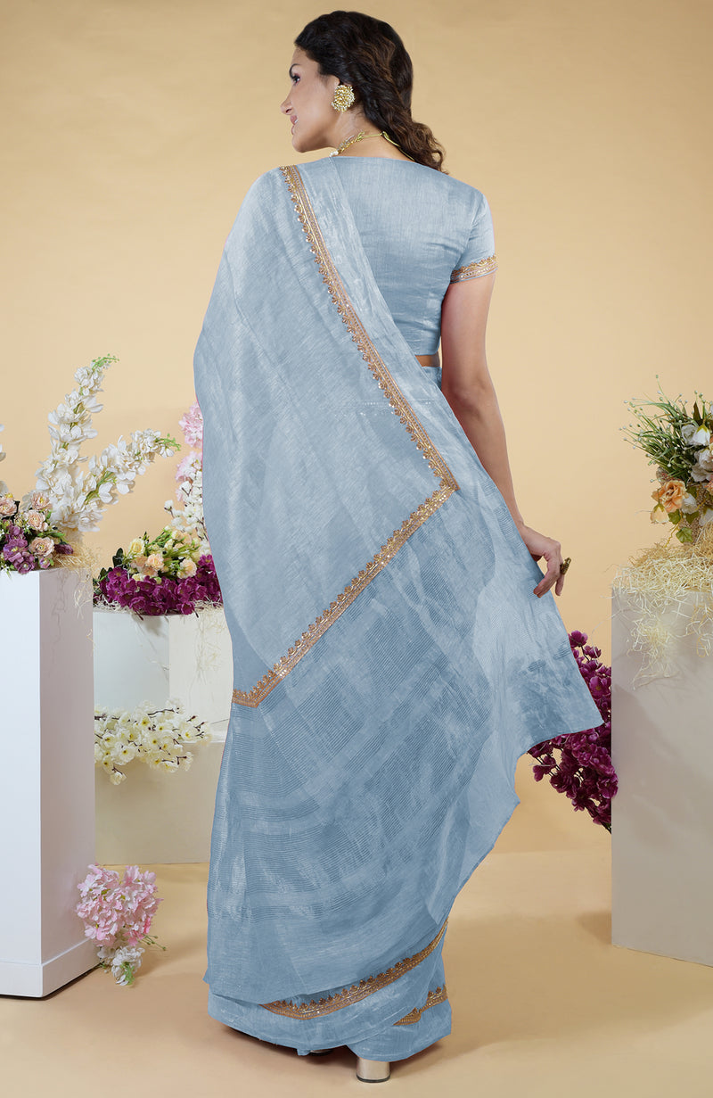 Dusty Blue Hand Embroidered Linen Saree