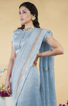 Dusty Blue Hand Embroidered Linen Saree