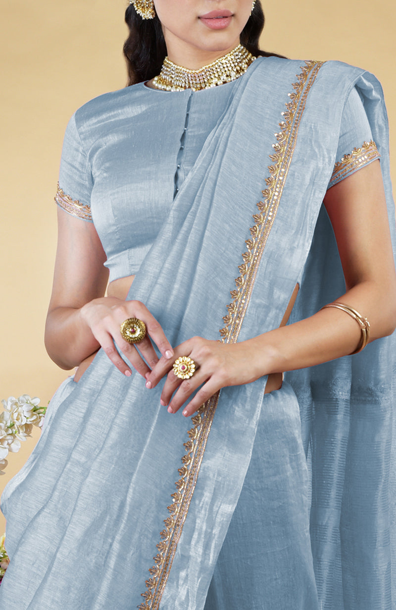 Dusty Blue Hand Embroidered Linen Saree