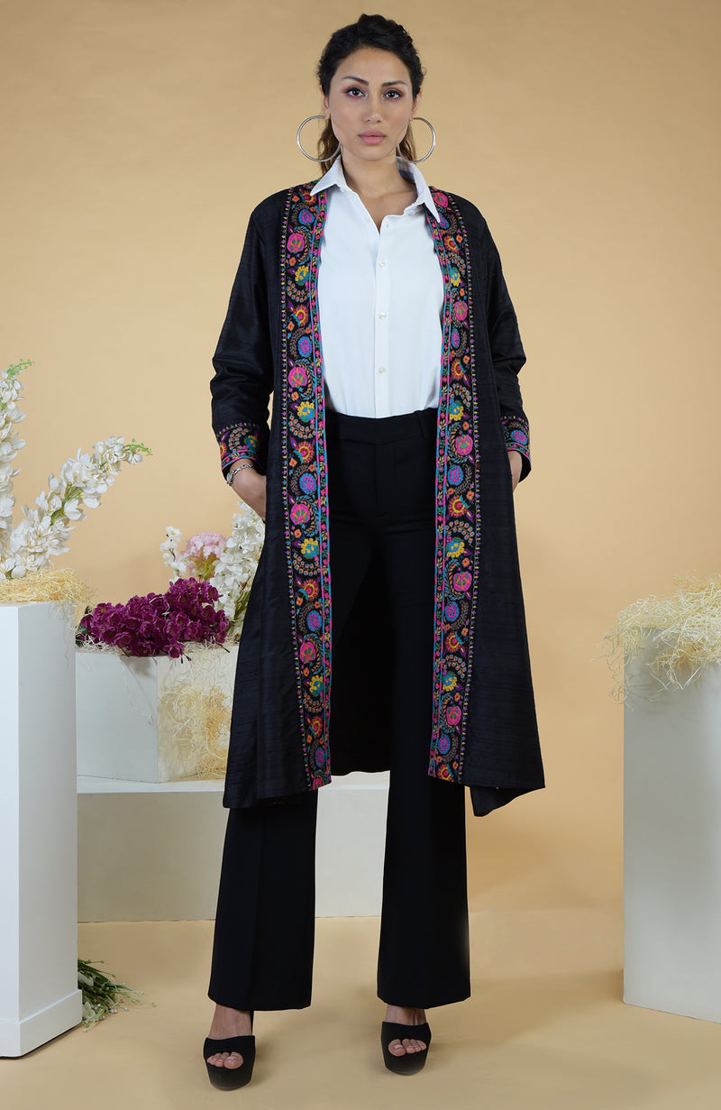 Black Kashmiri Kashidakari Hand Embroidered Kimono Jacket