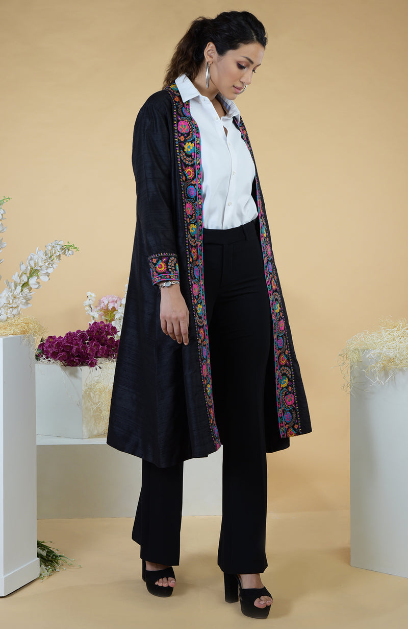 Black Kashmiri Kashidakari Hand Embroidered Kimono Jacket