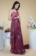 Wine French Chantilly Hand Embroidered Saree