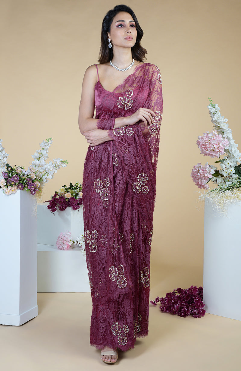 Wine French Chantilly Hand Embroidered Saree