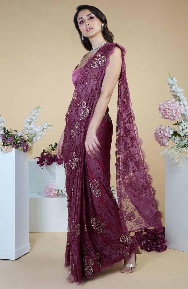 Wine French Chantilly Hand Embroidered Saree