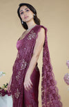 Wine French Chantilly Hand Embroidered Saree