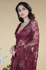 Burgundy French Chantilly Hand Embroidered Saree