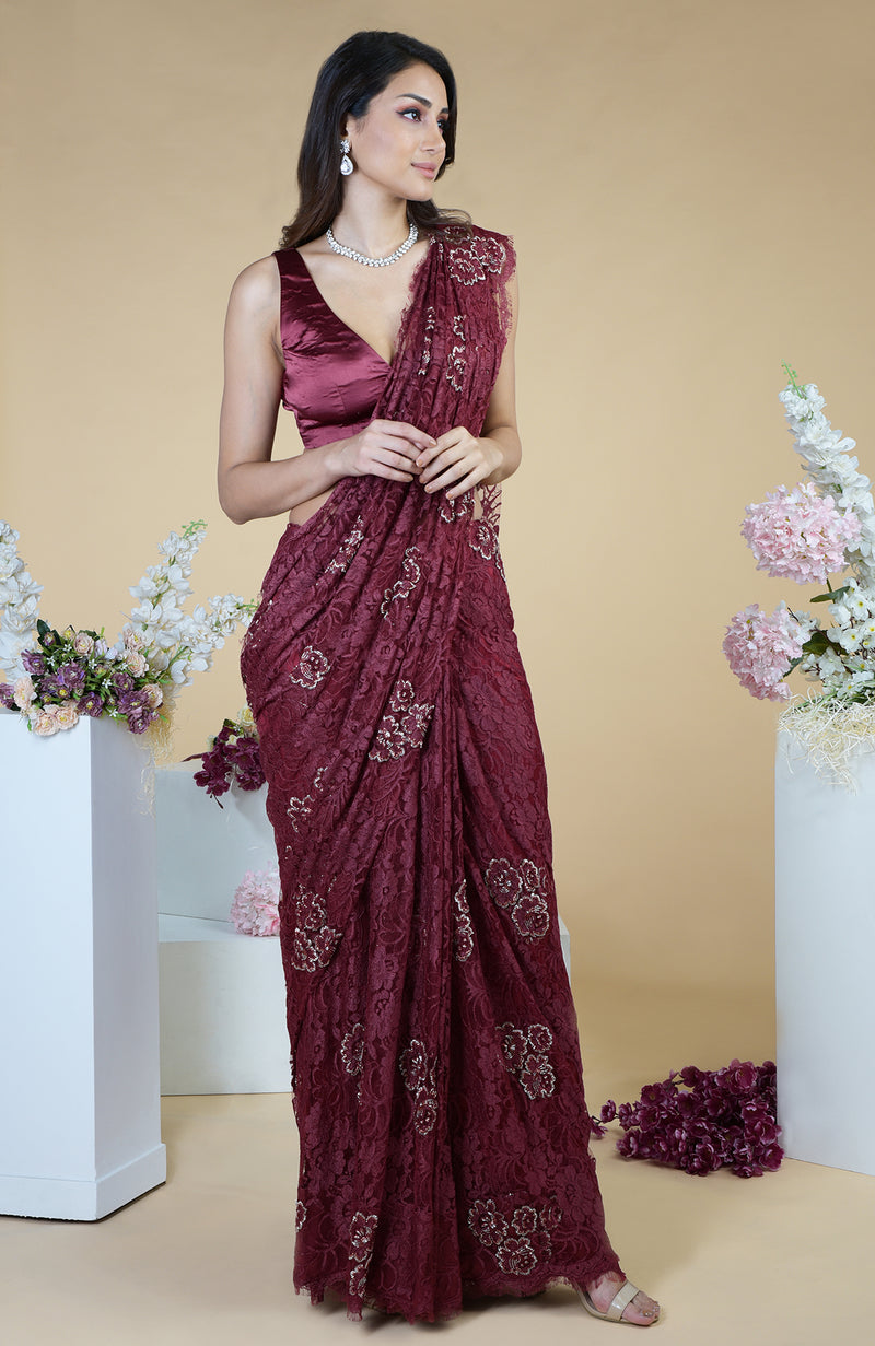 Burgundy French Chantilly Hand Embroidered Saree