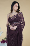 Blackberry Wine French Chantilly Lace Swarovski Crystal Saree With Embellished Blouse