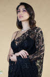 Black French Chantilly Lace Swarovski Crystal Saree With Embellished Blouse