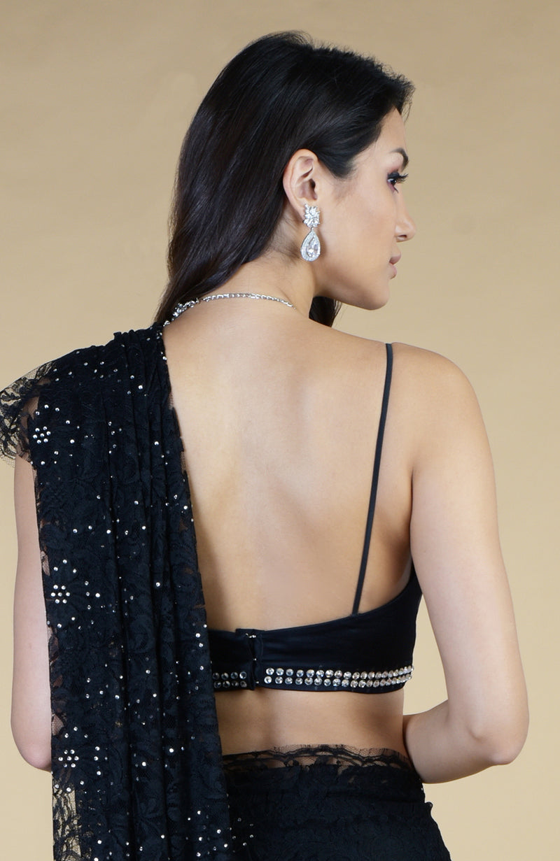 Black French Chantilly Lace Swarovski Crystal Saree With Embellished Blouse