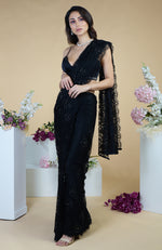 Black French Chantilly Lace Swarovski Crystal Saree With Embellished Blouse