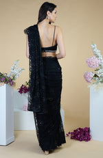 Black French Chantilly Lace Swarovski Crystal Saree With Embellished Blouse