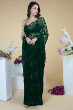 Black French Chantilly Lace Swarovski Crystal Saree With Embellished Blouse