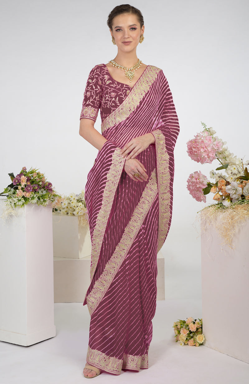 Burgundy Purple Leheriya Kashmiri Paisley Tilla Aari Embroidered Saree